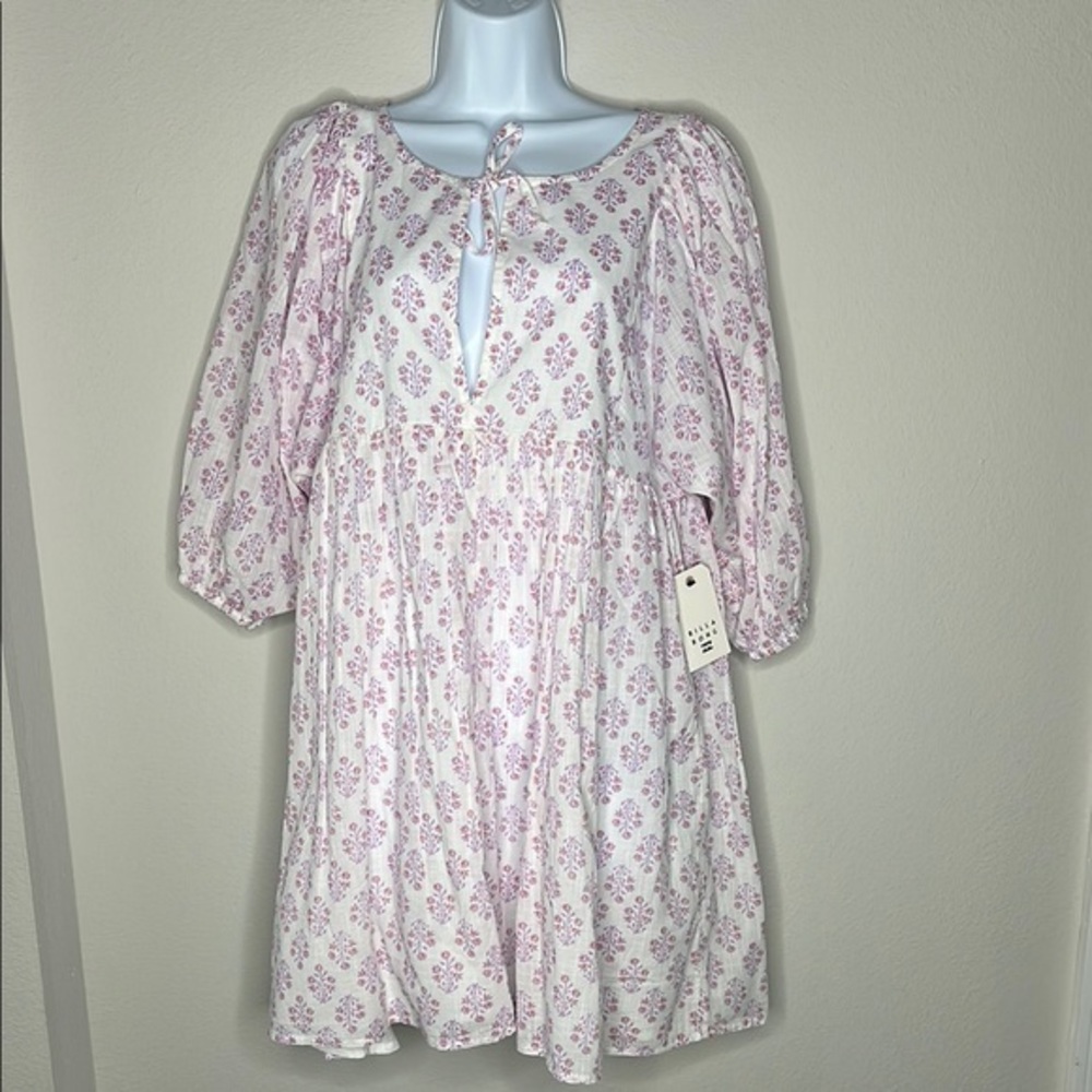 Billabong Pink and White Smocked Bishop Sleeve Dress